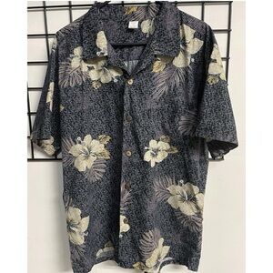 Palmwave Hawaii Shirt Button Up Mens Size Large Blue Beige Floral Print